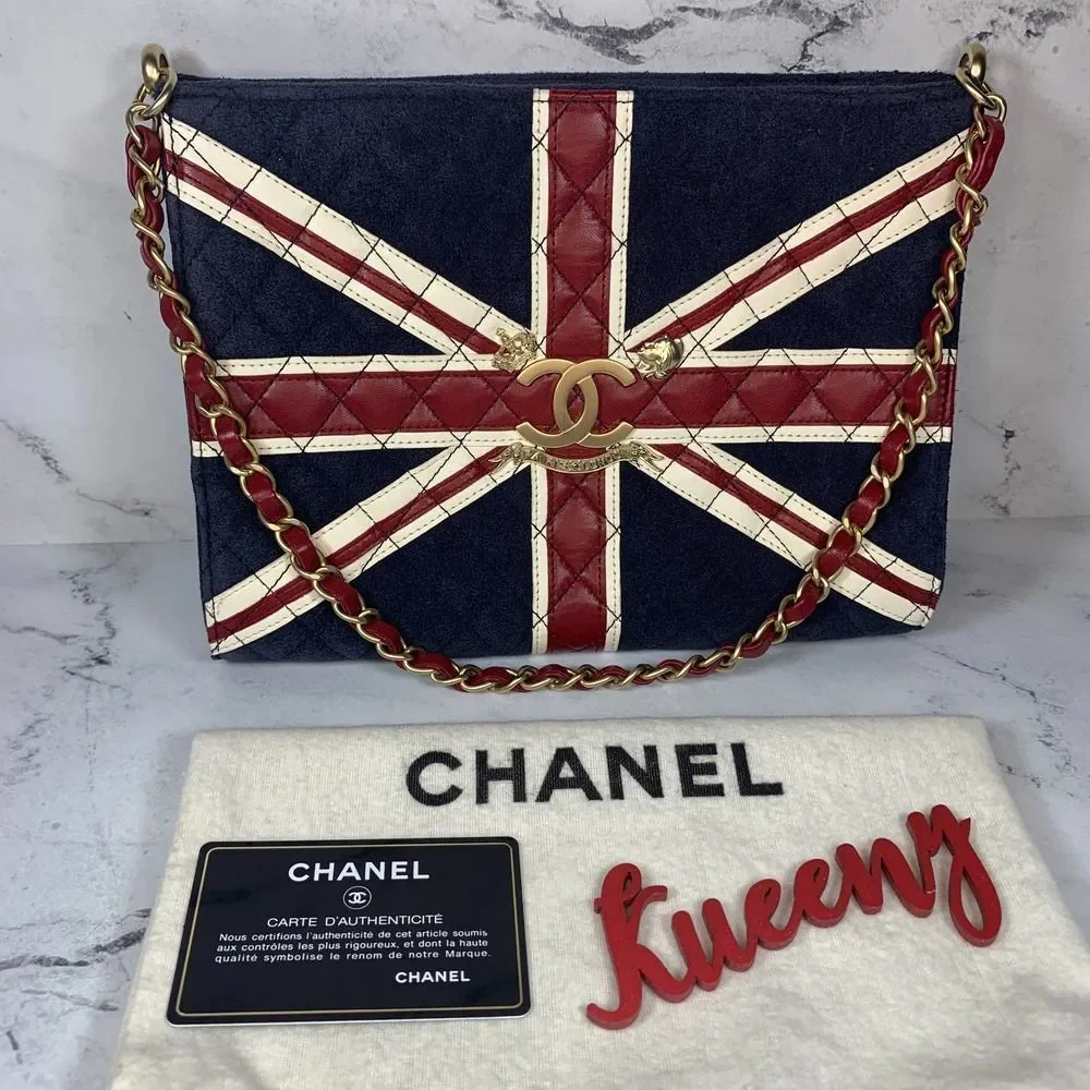 ❌❌ CHANEL Union Jack UK Bag British Flag suede vintage London CC Shoulder/clutch - Picture 1 of 16